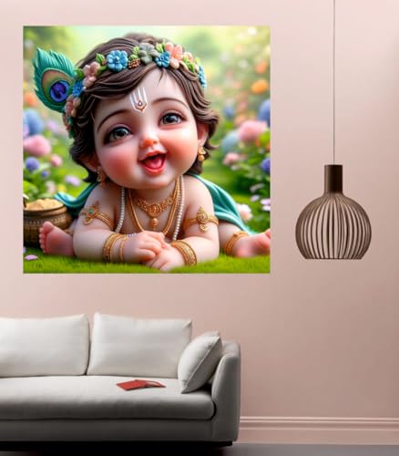 Image of Akki Wold Baby Krishna With Flower Hairband Wall Poster Living Room, Office, Pooja Room (Size - 41CM X 41CM)