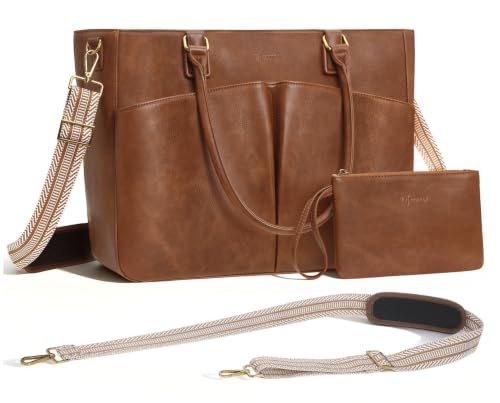 Image of Laptop Tote Bag for Women, Leather Work Tote with Padded Laptop Compartment, Cup Holder, Office Computer Briefcase