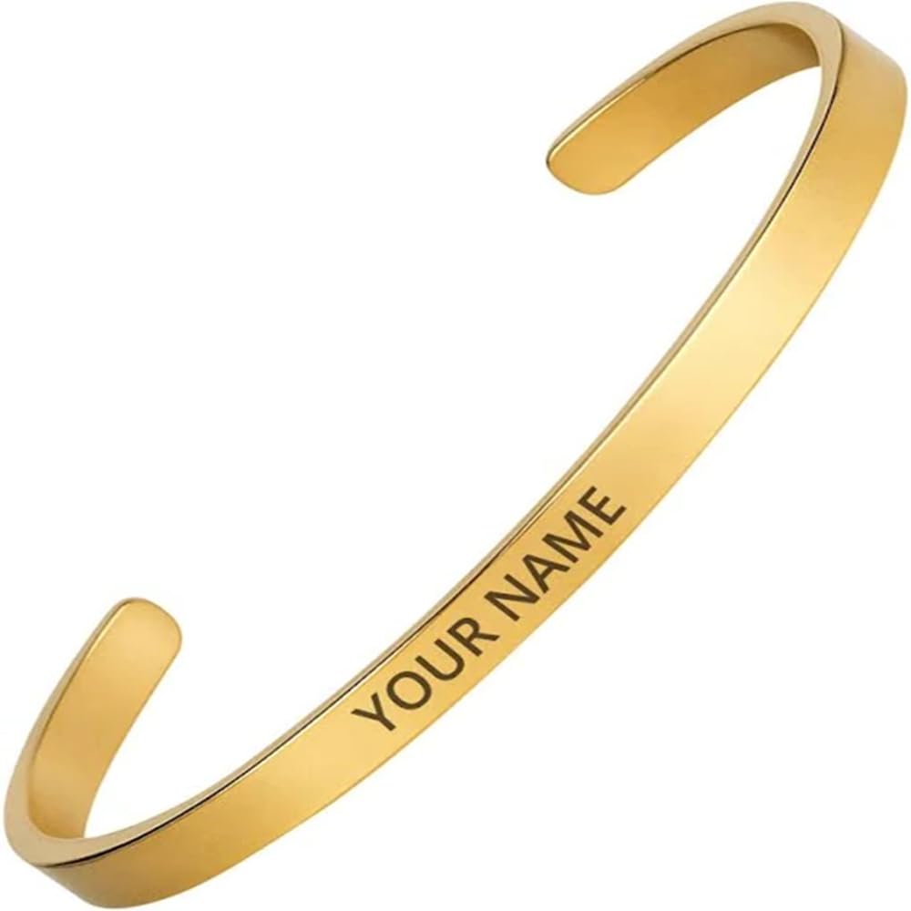Custom Name Engraved cuff - Adjustable Golden Bracelet for Men & Women | Unisex Gift with 1 Year No Fade Warranty | Hypoallergenic & Lightweight