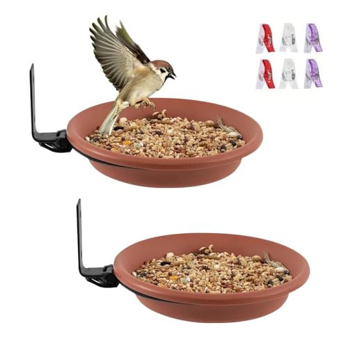 Dulynva 2 Stücke Vogelfutterspender Klein Vogeltränke Zum Aufhängen Vogelfutterstation Rund Wassertränke für Vögel Mit Wandhalterung Vogeltränke für Balkongeländer Garten (Ø17cm/Braun)