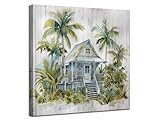 Arjun Landscape Coastal Canvas Wall Art Green Palm Tree Cottage Painting Woodgrain Nature Picture Framed Modern for Bathroom Living Room Bedroom Nursery Room Kitchen House Wall Decor 14'x14' One Panel