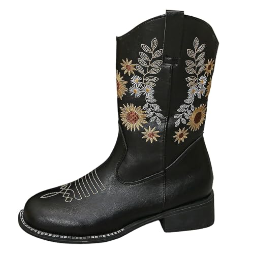 Bota Para Mujeres Con Tacón Ancho Bajo Botín De Cuero Mediados De La Mollet Botas De Lluvia Con Cremallera Impermeable Caliente Botines De Nieve Moda Cómodo Zapatos De Trabajo Antideslizante, Negro