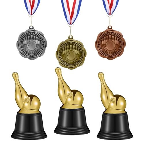 Ceenna 6 Pack Bowling Trophies and Medal Sets 3 Pcs 2.5 Inch Gold Silver Bronze 1st 2nd 3rd Medal and 3 Pcs 5.12 Inch Gold Bowling Trophies for Competitions Celebration Souvenir Tournament