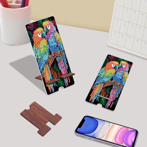 Image of Parrot Diamond Painting Phone Stand with Mirror, DIY Wooden Diamond Art Desktop Phone Holder, 2-in-1 Crystal Rhinestone Diamond Painting Craft and Tabletop Mirror