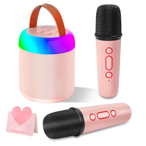 Karaoke Maschine Kinder mit 2 Drahtlosen Mikrofonen,Geschenk Mädchen 3-12 Jahre,Tragbarer Bluetooth Musikalisches Spielzeug mit LED-Lichtern und Stimme wechselnde Effekte,für Maschine Kinde Erwachsene