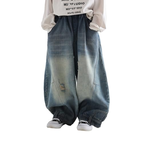 Baggy Jeans Kids Ripped Panel Stitch Loose Fit Wide Leg Jeans Hip Hop Streetwear Baggy Pants Boys Distressed with Holes