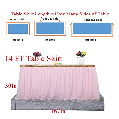 Pink Table Skirt Tulle Tutu Table Skirts for Rectangle Table Girl Birthday Party Bridal Shower Wedding Baby Shower 14ft