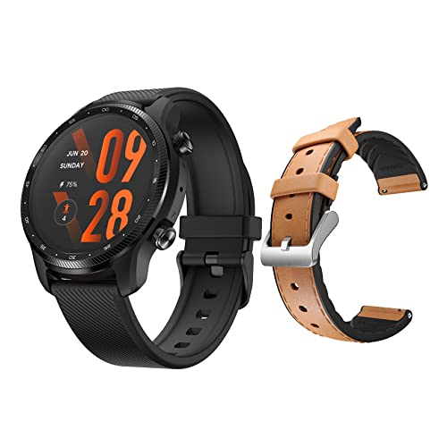 TicWatch Pro 3 Ultra GPS Smartwatch Plus Smartwatch Bands 22mm Width Leather Hybrid Band Strap Replacement Band (Brown-Silver Buckle) , Wear OS Smart Watch for Men Blood Oxygen IHB AFib Detection NFC