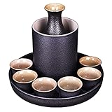 Juego de sake de cerámica de estilo japonés, conjunto de taza de sake de gres, jarra de vino x 1 jarra de vino cálido x 1 copa de vino x 6 bandeja de vino x 1 (Color : Black)