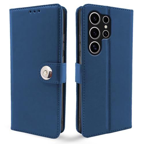 Image of Pikkme Samsung Galaxy S24 Ultra 5G Flip Cover Leather Finish | Inside TPU with Card Pockets | Wallet Stand and Shock Proof | Complete Protection Button Flip Case (Blue)