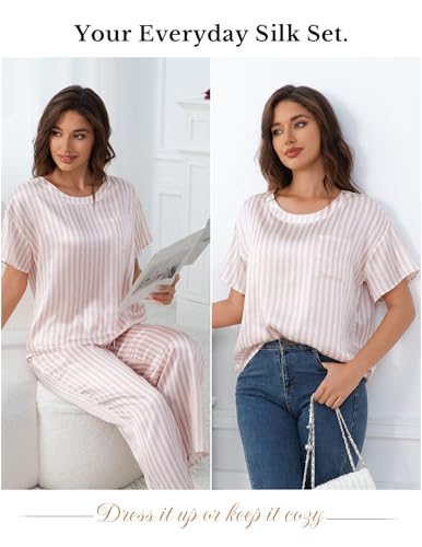 Image of THXSILK Mulberry Silk Womens Pajama Set with Pocket, 2 Piece Lounge Sets for Women, Short Sleeve Sleepwear
