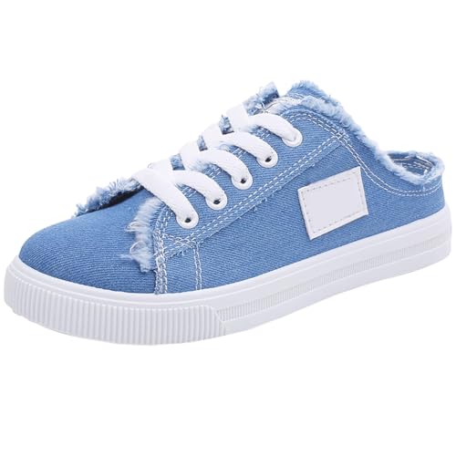 Canvas Mules Slip on Sneaker Fashion Comfortable Solid Slippers Casual Shoes Backless Fringed Hem Denim Autumn Style Spring Sports Preppy Flat Students New Retro Pull-on Sneakers Loafers