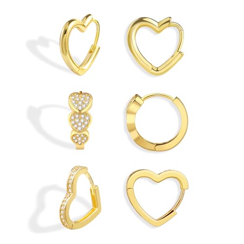 Image of ALEXCRAFT Gold Hoop Earrings for Women, 14K Real Goldplated Small Heart Hoop Earrings Set, 3 Pairs 925 Sterling Silver Cartilage Huggie Earrings Small Gold Love Heart Shape Hoop Zircon Heart Earrings