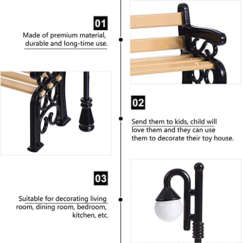 DONGZQAN 7 Stück Miniatur Gartenbank Straßenlaterne, Möbel Deko Mini Ornament, 3 Gartengeräte, 1 Parkstraßenlaterne, 1 Parkbank und 1 Paar Mini-Regenstiefel, Geeignet zum Dekorieren eines Minigartens