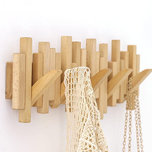 Acsigesn Wooden Coat Rack Wall Mounted Sticks Multi Rack Solid Handmade Natural Beech Wood Artwork With 6 Flip-Down Unique Modern Hooks For Coats Bag Hat Umbrella thumb #1