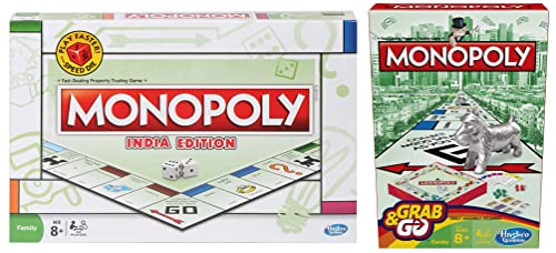 Image of MONOPOLY India Edition Game, Board Game & Puzzles for Families and Friends, Toys for Kids, Boys and Girls Ages 8 and Up&Monopoly Grab & Go Board Game, Ages 8 and Up