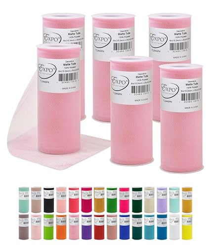 Image of Expo International Decorative Matte Tulle, Roll /Spool of 6 Inch x 25 Yards (Pack of 6), Polyester-Made Tulle Fabric, Matte Finish, Lightweight, Versatile, Washable, Easy-to-Use, Pink