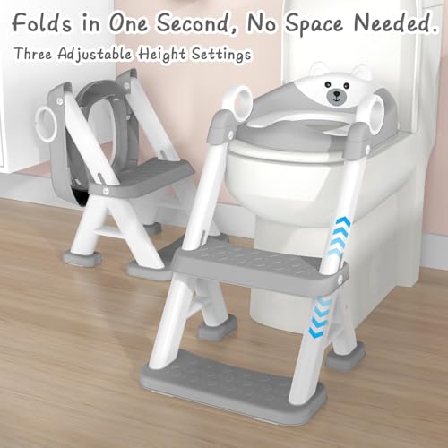 Potty Training Toilet Seat, 2 in 1 Potty Training Seat Adjustable Toddlers Potty Toilet Trainer with Steps Non Slip Handle & Soft Cushion Foldable Travel Toddler Toilet Seat for Kids Boys Girls, Grey - Image 4