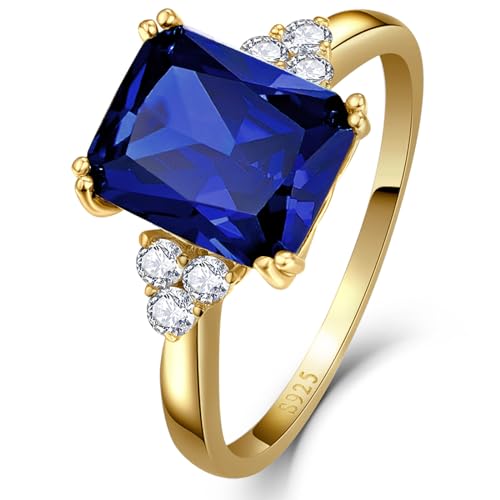 Yaresul Womens Blue Sapphire Ring 10x8mm 925 Sterling Silver 14K Gold Plated Sapphire Engagement Ring for Women Semptember Birthstone Rings Paved Cubic Zirconia Size 8