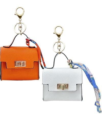 2 Pack Mini Backpack Keychain PU Leather Tiny Bags for Purse Pocket Bag Card Holder Data Cable Organizer Pouch Orange White (Orange + White)