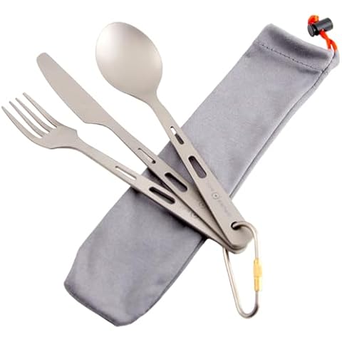 Core Element Titanium Three-piece Utensil Set Fork Knife Spoon Bushcraft Outdoor Ultralight Portable Open Campfire Flatware for Camping Backpacking (Pack of 1) Cover