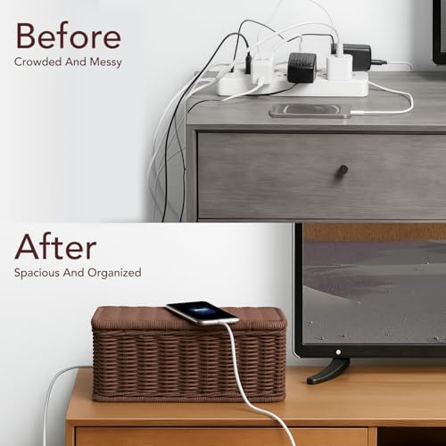 Image of Soko Woven Faux Rattan Cable Management Box| Cord Hider with Lid, 2 Open Slots Surge Protector | Power Strips, Router, TV, Gadget Wires Organizer Tray for Desktop, Table-Home, Office (Large) Brown