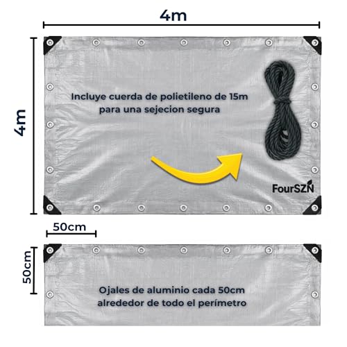 Miniatura 5 de Fourszn Lona Impermeable Exterior Reforzada 300 G M , Toldo De Protección Pe Doble Cara Con Ojales De Aluminio Y Cuerda Incluida, Resistente A Rayos Uv Y Lluvia Para Jardín, Piscina, Coche Y Leña 4x4m