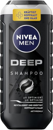 NIVEA MEN Deep Shampoo (250ml), gegen fettiges Haar und Kopfhaut mit Aktivkohle, revitalisierendes Männershampoo für ein langanhaltendes Frischegefühl, tiefenreinigend