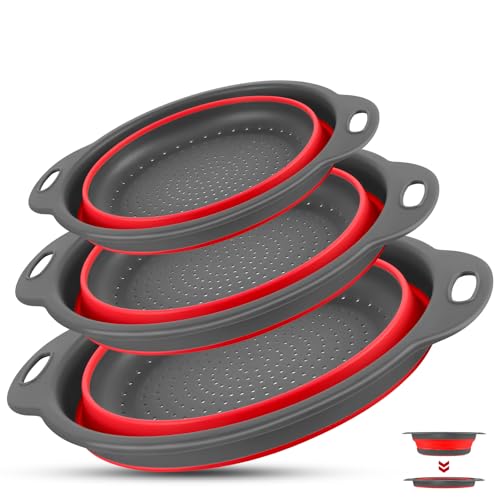 Collapsible Colander Set of 3, Silicone Colander for Drain Vegetables, Fruits. Sieves and Strainers, Space Saving, Kitchen Gadgets, Suitable for Outdoor Camping, 3 Sizes (10+11.4+13.4 inch) Red