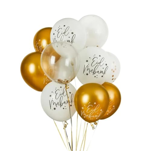 thePartyPopper Eid Mubarak Balloons Set of 12 Gold White Latex & Confetti Balloons for Eid Al Adha Decoration Ramadan Party Islamic Festival Home Decor