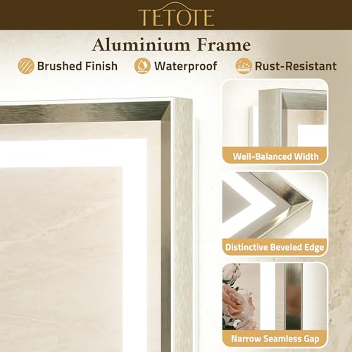 TETOTE 40 x 32 Led Mirror Brushed Bright Nickel Metal Frame Frontlit & Backlit Vanity Mirror Anti-Fog Stepless Dimmable 3 Colors White/Warm/Natural Wall Mirror with Lights Wall-Mounted