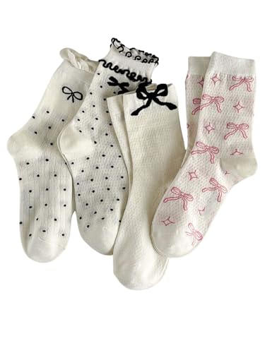 Image of SHENHE Women's 4 Pairs Cute Graphic Bow Ruffle Frill Crew Socks Multicolor 36-39