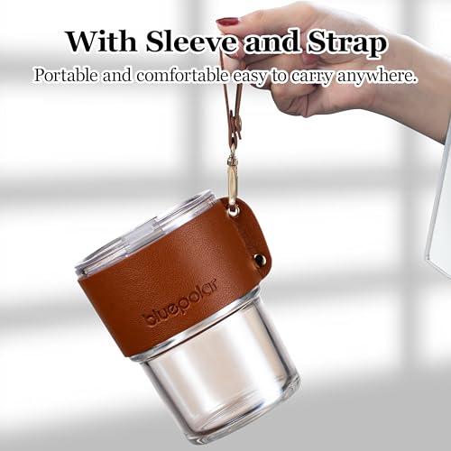 Image of BLUEPOLAR 13 oz Tumbler Water Glass, Water Bottle with Straw and Dustproof Lid, Coffee Ice Cup Double Wall Insulated Glass Cup (White with Sleeve and Strap)