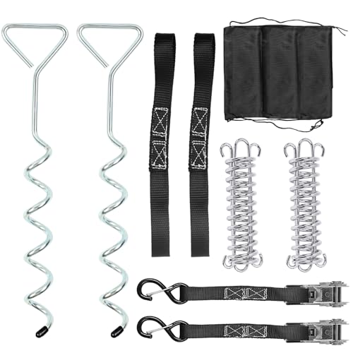 DTNESS 11Pcs Heavy Duty RV Awning Tie Down Kit, Camper Awning Anchors Accessories, Including 40 cm Spiral Nail, Steel Springs and 13 ft Strap, for Camping Trailer Awning