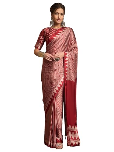 Image of AKHILAM Women's Pure Crepe Striped Printed Saree With Unstitched Blouse Piece