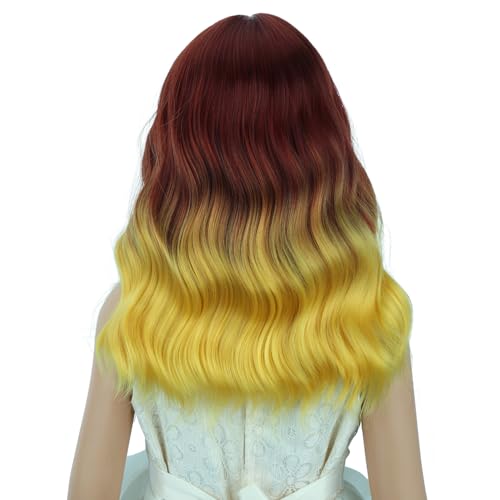 Image of PATTNIUM Flame Short Curly Wig with Bangs Girls Fire Colored Wigs Orange Wavy Shoulder Length Wavy Heat Resistant Synthetic Wig
