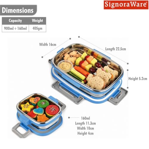 Image of SignoraWare Quickmeal Stainless Steel Big Lunch Box,(900ml+160ml, Blue), Airtight & Leakproof, Portion Control, Easy to Carry, Ideal for Office, School, Kids & Travel