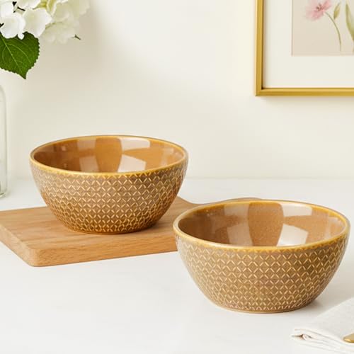 Image of The Earth Store Caramel Embossed Ceramic Bowl Set of 2 - 500ML Each | Ceramic Mixing Bowls for Snacks, More | Rice, Dal, Fruits, Salad | Microwave Safe Bowl Set | Perfect for Gifting & Daily Use