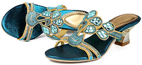 LizFoYa Women Rhinestone Decorated Slip On Heeled Sandal Flower Cutout Low Heels3