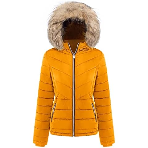 BodiLove Women's Fur Hooded Utility Jacket with Zipper and Flannel Lining Mustard L Cover