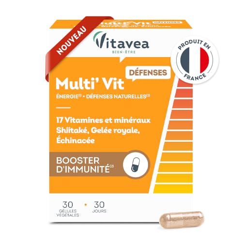 VITAVEA BIEN-ETRE - Multi'vit Défenses - Complément alimentaire immunité - Vitamine C, Vitamine D, Vitamines B6, B12, gelée royale, shiitakée, échinacée - 30 gélules - 30 jours - Fabriqué en France