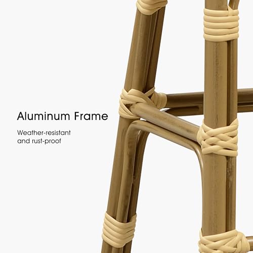 Image of PURPLE LEAF French Bar Stool Set of 2 Bamboo Print Finish Patio Bar Stools with Back Rattan Bar Chairs Wicker Bar Height Stool 30 inch with Footrest Kitchen Island Stools Outdoor Barstool Cream Yellow