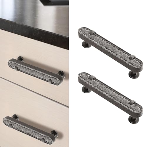 Image of 2 Pack Leather Cabinet Handle Pulls 3-3 /4 inch Hand-Stitch Grey Leather Drawer Pulls Dresser Handle Pulls for Cabinets Cupboards Dressers Drawers Bedroom Leather Pulls, Gray