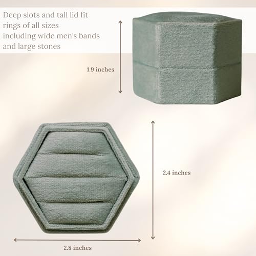 Velvet Ring Box Wedding Day | 2-in-1 Elegant Sage Green Engagement Ring Box | Ring Box 3 Slots or 1 Ring Box | Hexagon Wedding Ring Box for Ceremony | Ring Box for Proposal Light Green/Mist