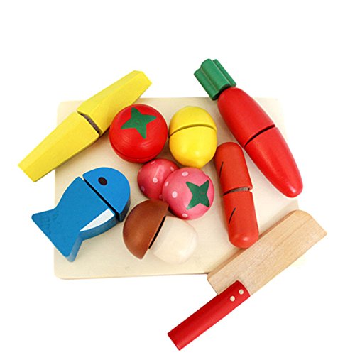 HIPGCC Set of Pretend Wooden Food Playset for Kids - Includes Play Food - Cuttable Play Wooden Fruits and Vegetables - Wooden Knife