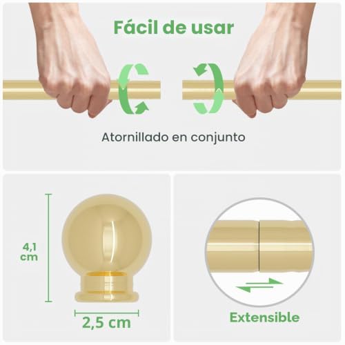 Miniatura 5 de Barra Cortinas Dorada 80-224 Cm, Juego De Barras De Cortina Ajustables Con Soportes, Barra Decorativa Para Cortinas De 16 Mm De Diámetro Para Salon Sala De Estar Y Dormitorio