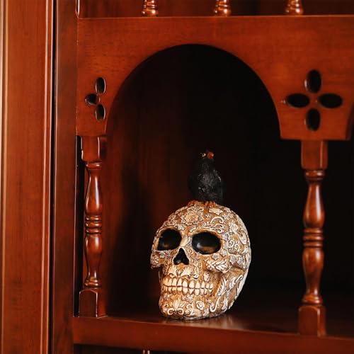 Figurine de Corbeau sur Crâne pour Déco Halloween de Table
