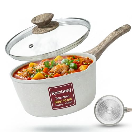 Rainberg Saucepan with Lid Nonstick Milk Pan Suitable with Induction Gas and Electric Hobs Cooking Pot with Pour Spout. (Beige 16cm)