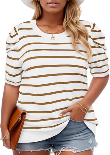 Image of Beautife Womens Plus Size Short Puff Sleeve Sweater Tops Lightweight Striped T Shirts Summer Casual Crew Neck Knit Pullover Brown