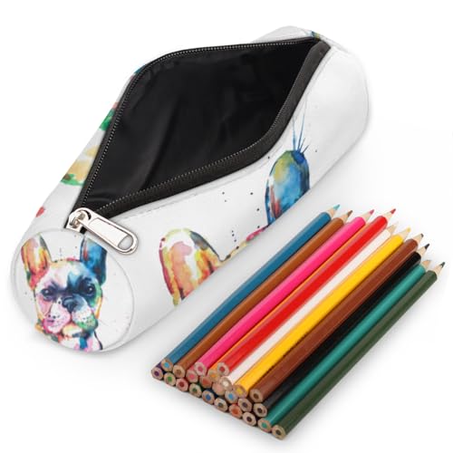Image of Watercolor French Bulldog Canvas Pencil Case Bag, Dog Pattern Cylinder Zippe Pencil Case Storage Pouch Simple Stationery Bag for Middle High School Office College Student